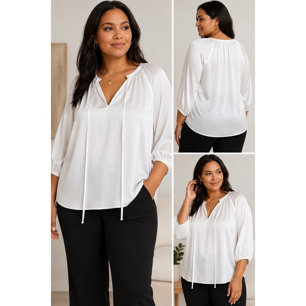 H&M White Satin Blouse Womens XXL V-Neck Tie Neck 3/4 Sleeve Tunic Top